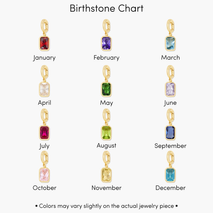 Chart of birthstone earrings corresponding to each month on a white background.